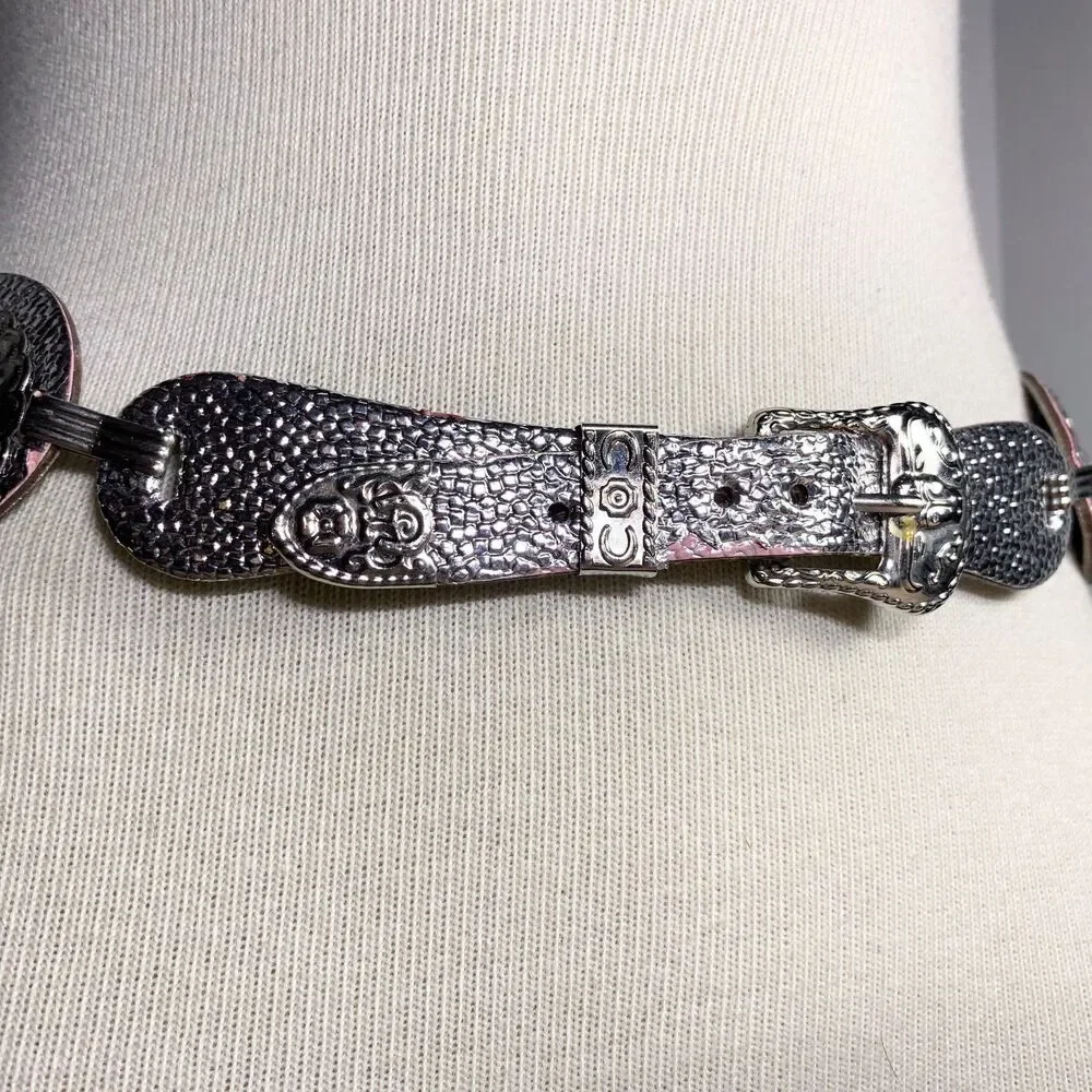 Vintage 80s Silver Pink Distressed Concho Western Boho Belt 32